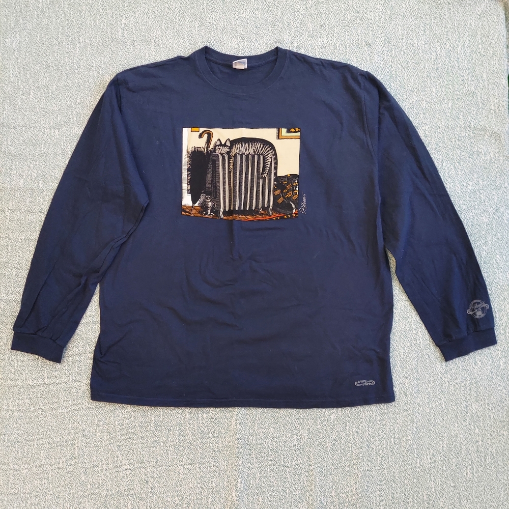 B. Kliban Cat On A Radiator Graphic Long Sleeve T-shirt, Blue, XXL